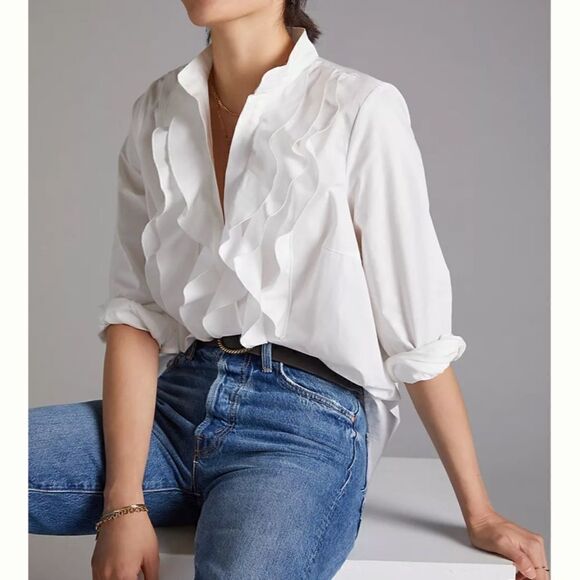 Anthropologie ruffled button down white top - Picture 3 of 6